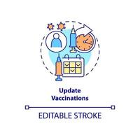 actualizar el icono del concepto de vacunas. chequeo anual idea abstracta ilustración de línea delgada. la prevención de enfermedades. inmunización. actualización de la vacuna covid. dibujo de color de contorno aislado vectorial. trazo editable vector