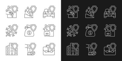 Accidents insurance policies linear icons set for dark and light mode. Insurance case coverage. Customer safety. Customizable thin line symbols. Isolated vector outline illustrations