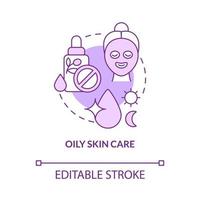 Oily skin care purple concept icon. Everyday routine procedures abstract idea thin line illustration. Isolated outline drawing. Editable stroke. Roboto-Medium, Myriad Pro-Bold fonts used vector