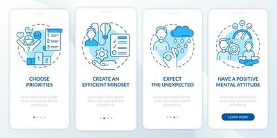 Balanced life tips blue onboarding mobile app screen. Healthcare benefits walkthrough 4 steps graphic instructions pages with linear concepts. UI, UX, GUI template. Myriad Pro-Bold, Regular fonts used vector