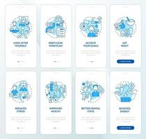 Life balance and biorhythms blue onboarding mobile app screen set. Life walkthrough 4 steps graphic instructions pages with linear concepts. UI, UX, GUI template. Myriad Pro-Bold, Regular fonts used vector