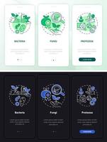 Managing soil microbes night and day mode onboarding mobile app screen. Walkthrough 3 steps graphic instructions pages with linear concepts. UI, UX, GUI template. Myriad Pro-Bold, Regular fonts used vector