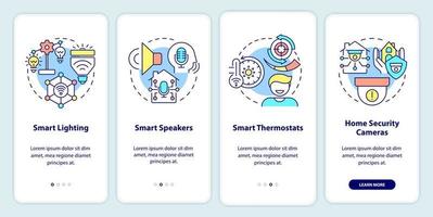 dispositivos domésticos inteligentes que incorporan la pantalla de la aplicación móvil. Guía de iluminación y altavoces Páginas de instrucciones gráficas de 4 pasos con conceptos lineales. interfaz de usuario, ux, plantilla de interfaz gráfica de usuario. innumerables fuentes pro-negrita y regulares utilizadas vector