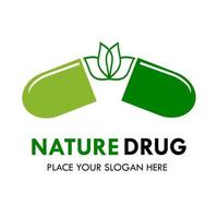 Ilustración de plantilla de diseño de logotipo de drogas naturales. hay flor y cápsula. esto es bueno para farmacia, medicina, fábrica, naturaleza, industria, educación, etc. vector
