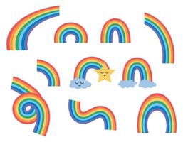 conjunto de arco iris de colores. colección de vectores de lindos arco iris con 7 colores, nubes y estrellas. diferentes formas para el diseño de niños. ilustración plana