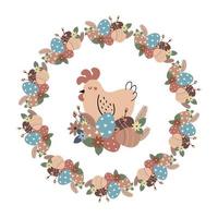 Conceptual Easter illustration with chicken and Easter wreath decorated with eggs, feathers, flowers vector