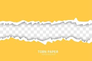 Torn paper edges vector illustration. Piece of torn yellow horizontal paper with soft shadow stuck on white squared background.