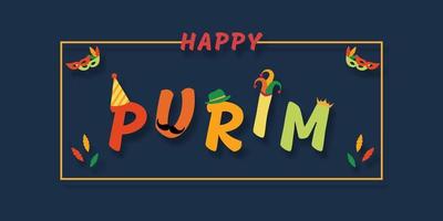 Purim carnival and festival concept. Colorful Purim with yellow rectangular border on dark blue background with hat, crown, fancy mask, David star for greeting card, banner, website. Jewish holiday.