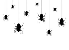Vector isolated drawing with hanging spiders for decoration and covering. Creepy Halloween background. Black.