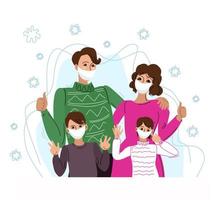 Vector illustration of a family in protective masks, standing together. Protected from viruses and infections. Objects are isolated.