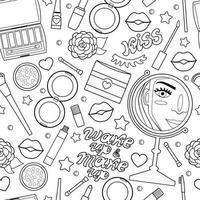 Vector seamless pattern with cosmetics, the mirror, the aesthetics of beauty. Text. Background.