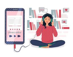 woman listens to an audiobook. The concept of online learning. Electronic library. Vector illustration.