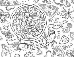 la pizza italiana y los ingredientes están aislados en un fondo blanco. plantilla de diseño de menú de cocina italiana. contorno. ilustración vectorial. libro de colorear. vector