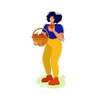 Happy woman holds a basket of apples. Harvest. Vector illustration.