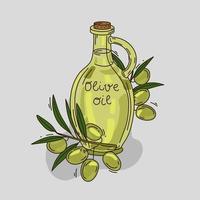 ilustración vectorial de un frasco de vidrio con aceite de oliva y ramas de olivo. fondo aislado. vector