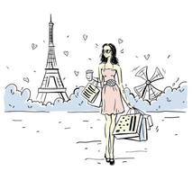 Vector hand-drawn background of a girl in Paris on the background of the Eiffel tower. Shopping in Paris. Tourism. Isolated background.