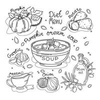 Vector set of ingredients for pumpkin cream soup. Outline. Coloring book. Isolated background.