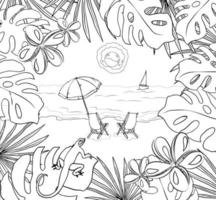 Vector hand-drawn illustration of a beach with umbrellas. Exotic background. Coloring pages. Objects are isolated.