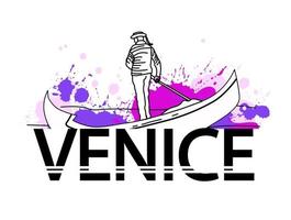 ilustración dibujada a mano de venecia, un gondolero remando un remo. viajar a italia. letras vectoriales sobre un fondo blanco. vector