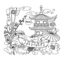 Vector linear illustration of Japanese culture with text. Coloring pages. Objects are isolated.