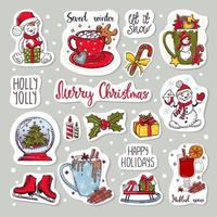 Colorful stickers set of icons. Christmas and new year elements. Vector illustration. Isolated on a gray background.