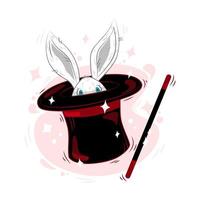 Magic hat with Bunny ears, a white rabbit in a hat with a magic wand in action and stars. Vector illustration in cartoon style. Isolated background.