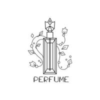 Perfume bottle on a white isolated background. Vector illustration. Linear style. Logo.