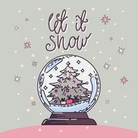 Cozy Christmas snow globe with Christmas tree and gifts. Hand lettering. Vector background. Objects are isolated.