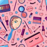 Vector seamless pattern with cosmetics in cartoon style. Cute background for a cosmetics store, banner for a website. Objects are isolated.