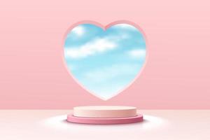 Realistic pink and white 3D cylinder pedestal podium with blue cloud sky in heart window. Valentine minimal scene for products showcase, Promotion display. Vector abstract studio room platform design.