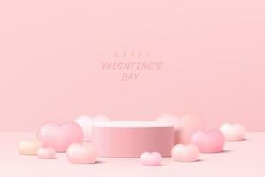 Realistic pink and white 3D cylinder pedestal podium with heart balloon shapes. Valentine minimal wall scene for products showcase, Stage promotion display. Vector abstract studio room platform design