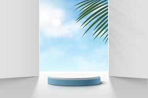 Realistic white and blue 3D cylinder pedestal podium with cloud blue sky and palm leaf. Vector abstract studio room geometric platform. Minimal scene for products stage showcase, Promotion display.