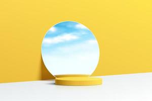 Realistic yellow and white 3D cylinder pedestal podium with cloud blue sky in mirror glass.  Minimal scene for products showcase, Stage promotion display. Vector abstract studio room platform design.