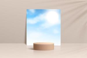 Realistic beige 3D cylinder pedestal podium with sunny cloud blue sky in square mirror glass. Minimal scene for products showcase, Stage promotion display. Vector abstract studio room platform design.