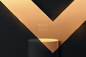 soporte o podio de cilindro 3d negro y dorado realista con fondo de triángulo dorado de lujo. escena mínima para exhibición de productos, exhibición de promoción de escenario. diseño de plataforma de sala de estudio abstracto vectorial. vector