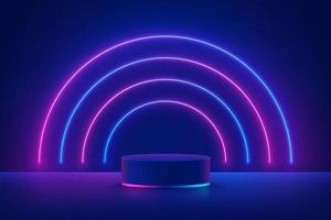 Realistic dark blue cylinder pedestal podium with illuminate semi circles neon lamp in futuristic style. Minimal scene for products showcase, Stage promotion display. Vector abstract room platform.