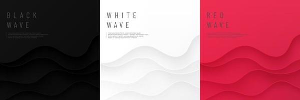 Set of  wavy curve lines layers on black, white and red background. Modern futuristic banner collection design. Design for print ad., cover, web, flyer, card, poster, wallpaper. Vector illustration