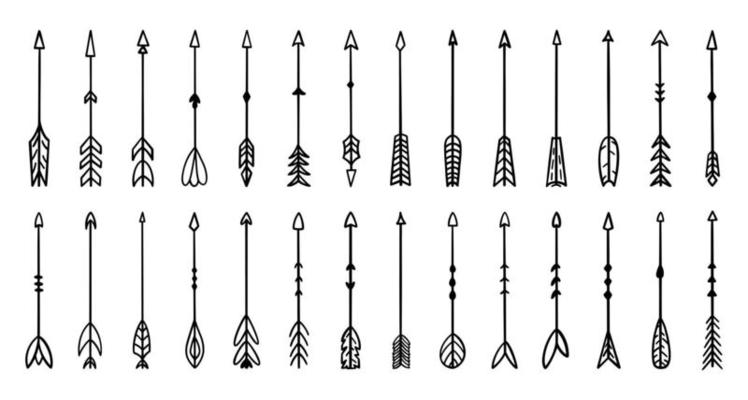 Arrows for bow set. For postcards, invitations and tattoos. Aztec, ethnic, Indian, hipster, tribal and boho elements. Isolated vector illustration doodle hand drawn style.