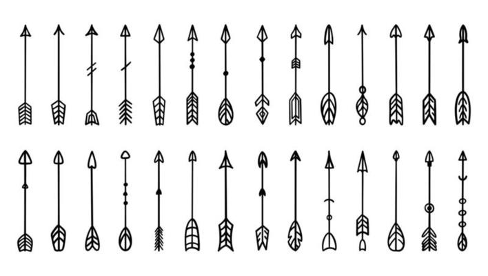 Arrows for bow set. Aztec, ethnic, Indian, hipster, tribal and boho elements. For postcards, invitations and tattoos. Isolated vector illustration doodle hand drawn style.