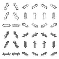 Set of isometric arrows. 3d black with hatching and without. Use as side pointers, loading, cursor, refresh. Isolated vector illustration on white background.