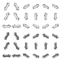 Set of isometric arrows. 3d black with hatching and without. Use as side pointers, loading, cursor, refresh. Isolated vector illustration on white background.