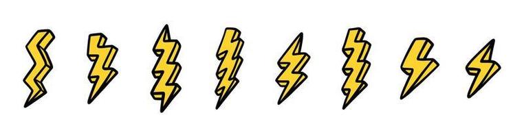 Lightning set. Elements for a thunderstorm. Electric discharge. Objects for comics. Doodle hand draw style. Isolated illustration on a white background. vector