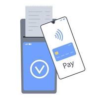 Touchscreen banking terminal. Payment using a smartphone. Bank receipt. Successful contactless payment. Vector illustration in flat style on white isolated background.