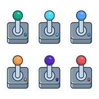 A set of multicolored retro joysticks for playing on a computer and consoles. Vintage video game joypad icons. Vector illustration on white isolated background in flat line style.