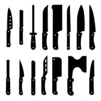 A set of kitchen knives in a simple style. Black color. For bread, meat, cheese, vegetables, fruits. Kitchen axe. Vector illustration in black.