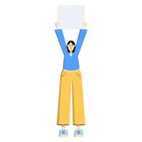 Girl with a poster, placard, banner in hands. Single picket. A woman is a participant in a rally, single picket, protest, procession, strike. Flat style. Vector illustration on white background.