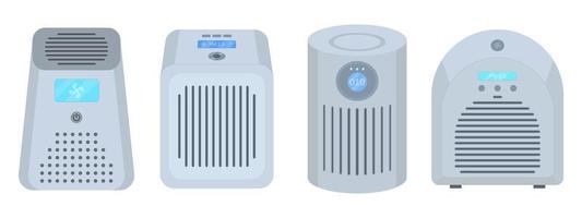 Air purifier set. Filtration of viruses and dirty air. PM 2.5 filter. Vector illustration in flat style on an isolated white background.