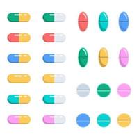 Set of pills of different shapes. Capsules, vitamins, pain relievers and antidepressants. Isolated vector illustration on white background. Cartoon flat style.