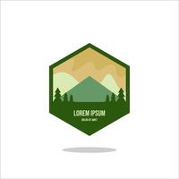 Outdoor Adventure vintage label, badge, logo or emblem. with mountains and forest silhouette. Vector illustration.