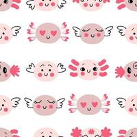 Doodle axolotls faces with different emotions seamless pattern. vector
